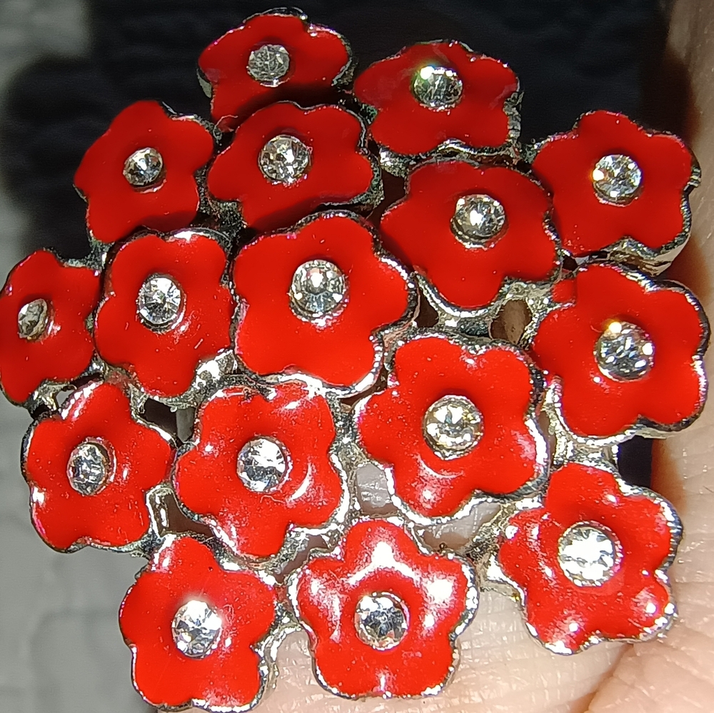 2 Vtg Silver-Tone Rings: *Orange Resin Dahlia & *Red Enamel Poppy Bouquet